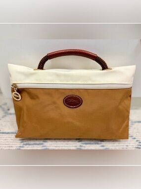 LONGCHAMP Vintage Rare Y2K Tan/Cream Color-Block Nylon Pouch W/ Leather Handle